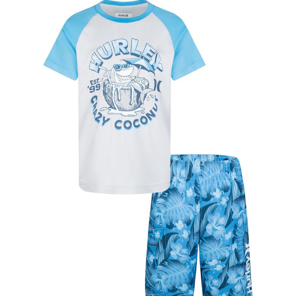 COPY - Hurley Floral Print Coconut Swim T-shirt and Shorts, 2 Piece Set.